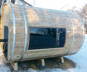 Curved Window on Side of Barrel - 8' Sauna with Porch (10' Total)